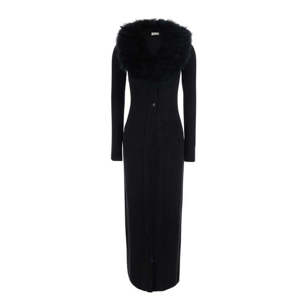 Blumarine Women Black Long Dress With High Fur Collar In Wool For Women